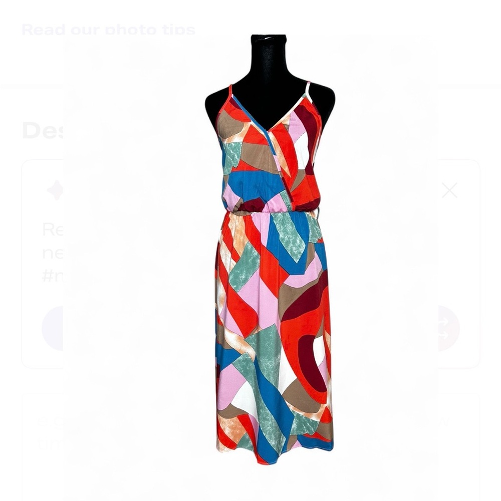 PatPat Multicolor Abstract Midi Dress S, with Adjustable Spaghetti Straps V Neck
